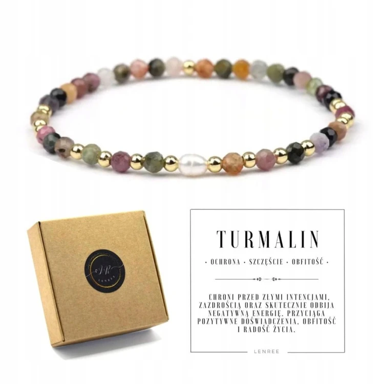 BRANSOLETKA DAMSKA KAMIENIE NATURALNE - TURMALIN TĘCZOWY - PERŁY + PUDEŁKO