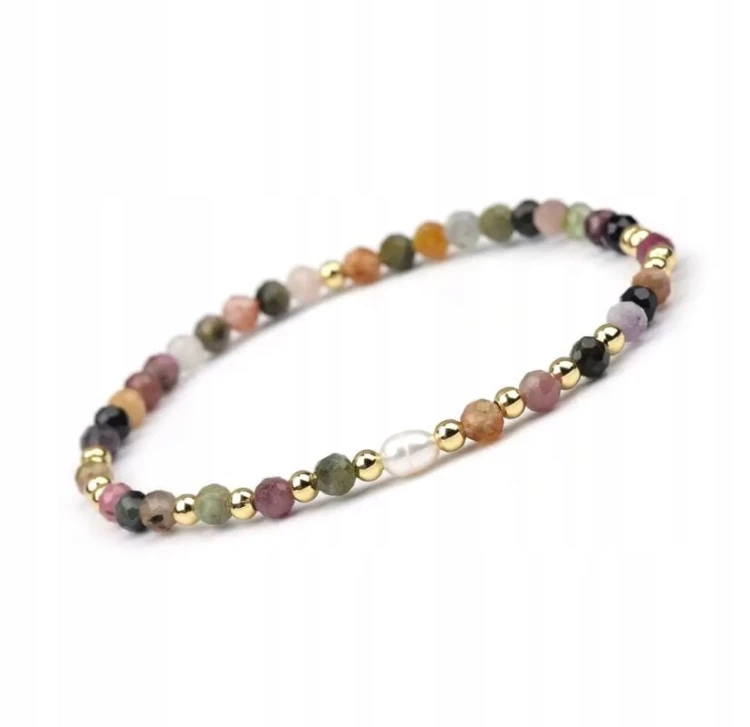 BRANSOLETKA DAMSKA KAMIENIE NATURALNE - TURMALIN TĘCZOWY - PERŁY + PUDEŁKO