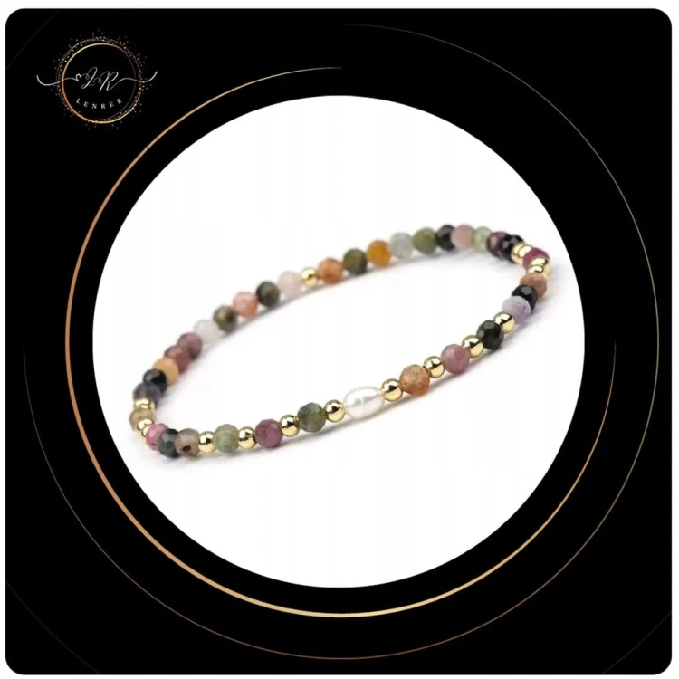 BRANSOLETKA DAMSKA KAMIENIE NATURALNE - TURMALIN TĘCZOWY - PERŁY + PUDEŁKO