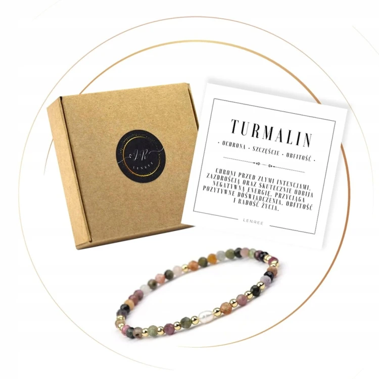 BRANSOLETKA DAMSKA KAMIENIE NATURALNE - TURMALIN TĘCZOWY - PERŁY + PUDEŁKO