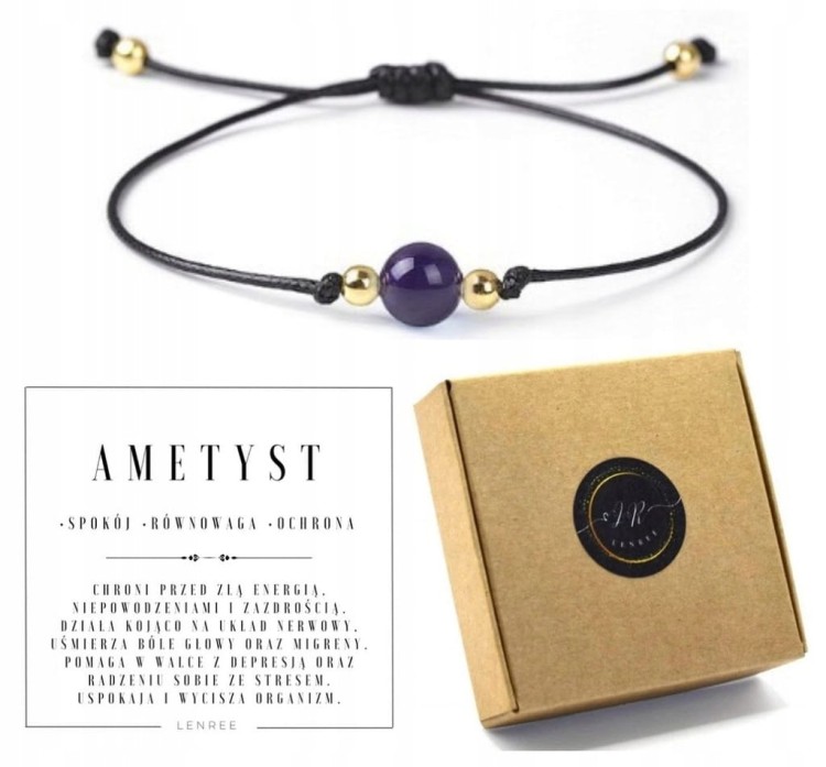 Bransoletka damska na sznurku ametyst kamienie naturalne regulowana