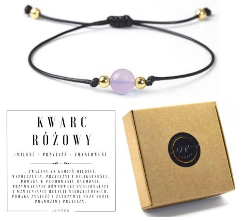BRANSOLETKA DAMSKA NA SZNURKU KWARC RÓŻOWY MIŁOŚCI NATURALNY REGULOWANA