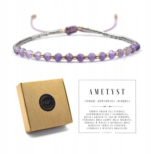Bransoletka damska na sznurku AMETYST kamienie naturalne + pudełko