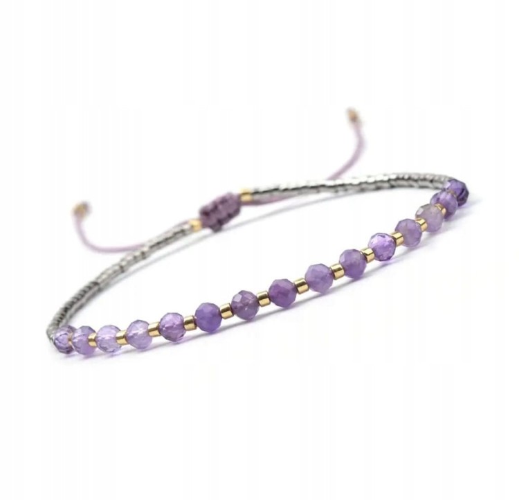Bransoletka damska na sznurku AMETYST kamienie naturalne + pudełko