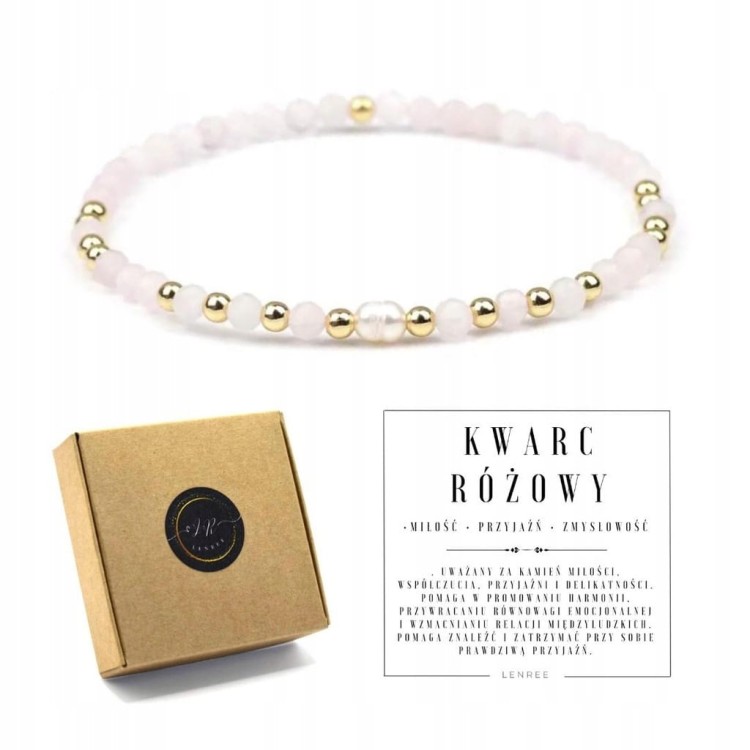 Bransoletka damska KAMIENIE NATURALNE - KWARC RÓŻOWY - PERŁA + pudełko