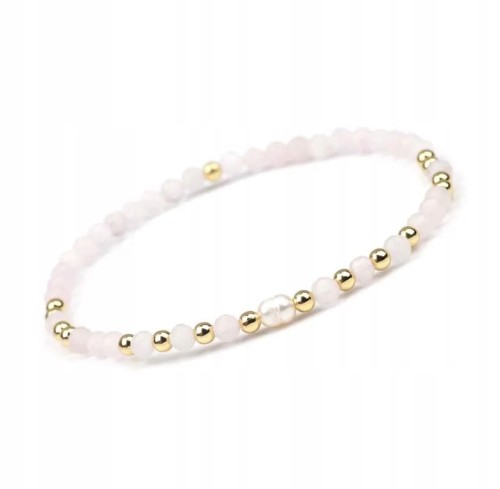 Bransoletka damska KAMIENIE NATURALNE - KWARC RÓŻOWY - PERŁA + pudełko