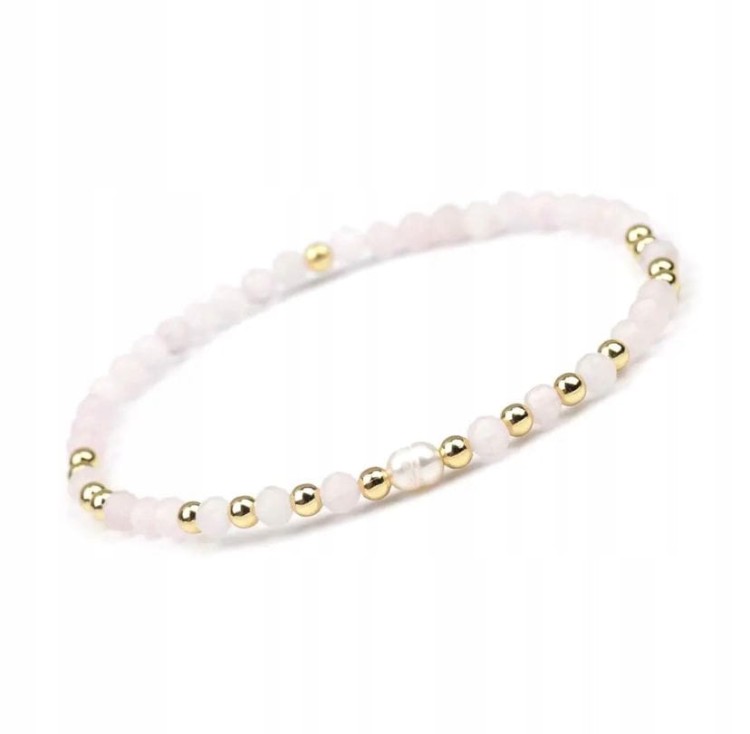 Bransoletka damska KAMIENIE NATURALNE - KWARC RÓŻOWY - PERŁA + pudełko