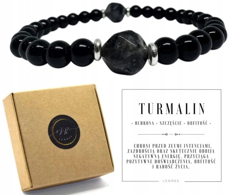 BRANSOLETKA TURMALIN OBSYDIAN PUDEŁKO KAMIENIE NATURALNE