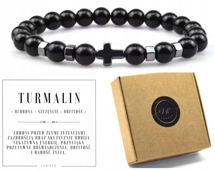 Bransoletka TURMALIN krzyż hematyt kamienie męska damska LENREE