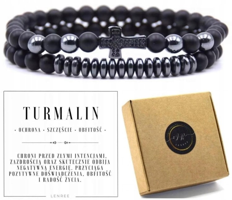 Bransoletka TURMALIN krzyż naturalne kamienie hematyt LENREE