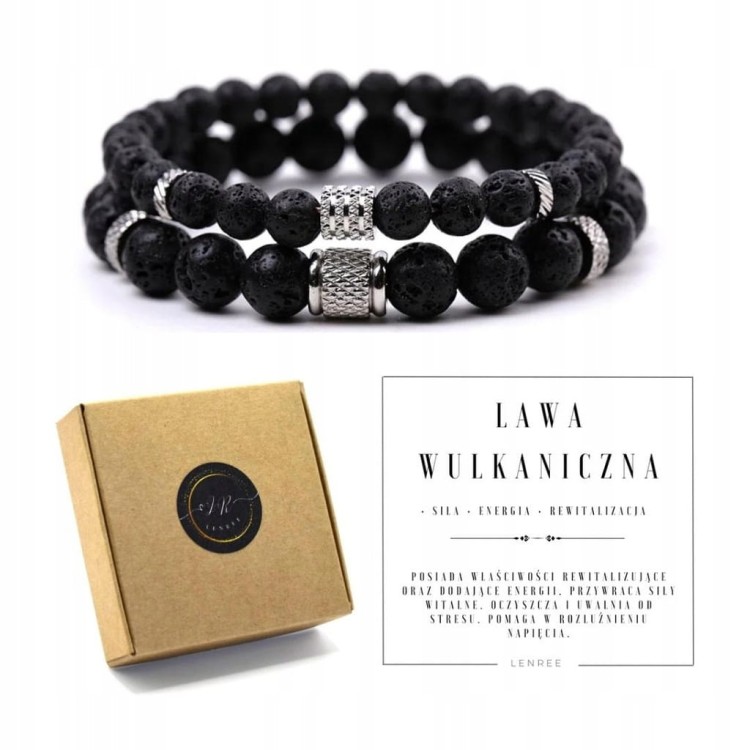 BRANSOLETKI MĘSKIE ZESTAW LAWA WULKANICZNA KAMIENIE NATURALNE + PUDEŁKO