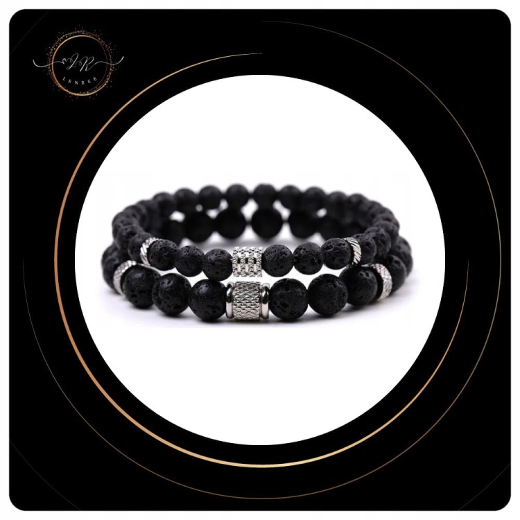 BRANSOLETKI MĘSKIE ZESTAW LAWA WULKANICZNA KAMIENIE NATURALNE + PUDEŁKO