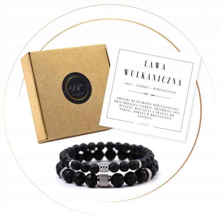 BRANSOLETKI MĘSKIE ZESTAW LAWA WULKANICZNA KAMIENIE NATURALNE + PUDEŁKO