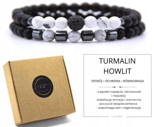 Bransoletka zestaw 2 w 1 kamienie naturalne turmalin howlit pudełko