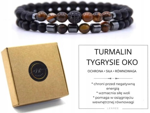 Bransoletka zestaw 2 w 1 kamienie naturalne turmalin tygrysie oko pudełko