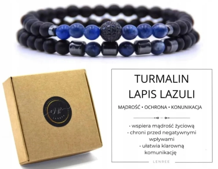 BRANSOLETKA ZESTAW 2 W 1 KAMIENIE NATURALNE TURMALIN LAPIS LAZULI PUDEŁKO