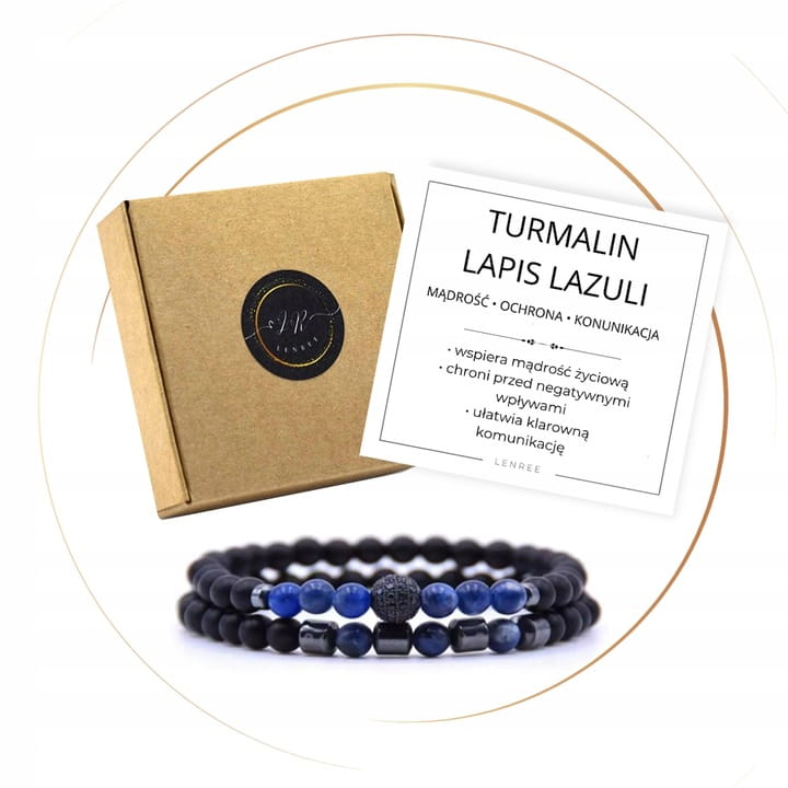 BRANSOLETKA ZESTAW 2 W 1 KAMIENIE NATURALNE TURMALIN LAPIS LAZULI PUDEŁKO
