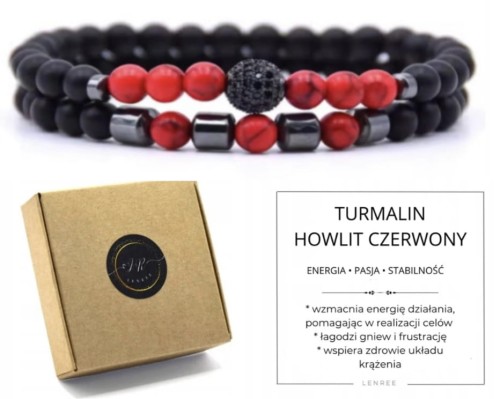 Bransoletka zestaw 2 w 1 kamienie naturalne turmalin howlit czerwon pudełko