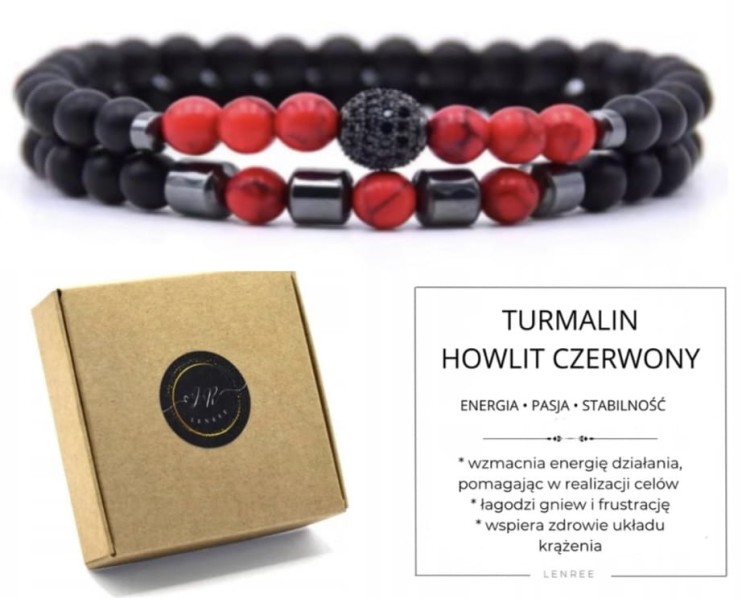 Bransoletka zestaw 2 w 1 kamienie naturalne turmalin howlit czerwon pudełko