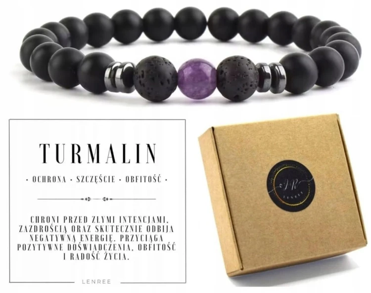 Bransoletka turmalin ametyst uniseks ochrona energia prezent box