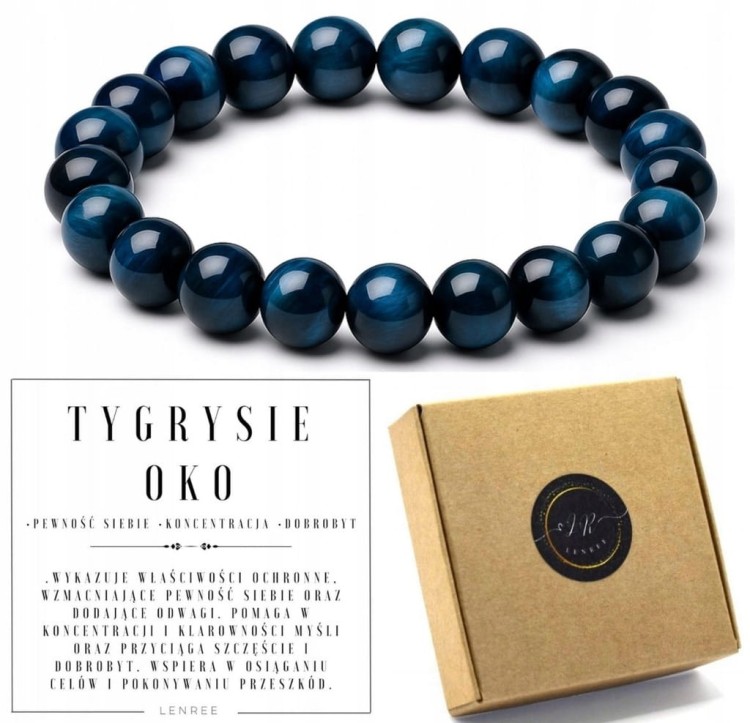 Bransoletka tygrysie oko niebieskie 8mm naturalny kamień odwaga LENREE
