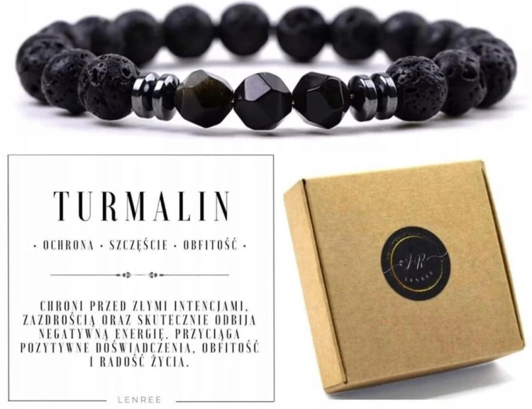 Bransoletka turmalin czarny lawa wulkaniczna naturalne kamienie LENREE