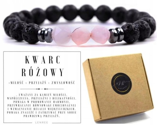 Bransoletka kwarc różowy lawa wulkaniczna naturalne kamienie LENREE