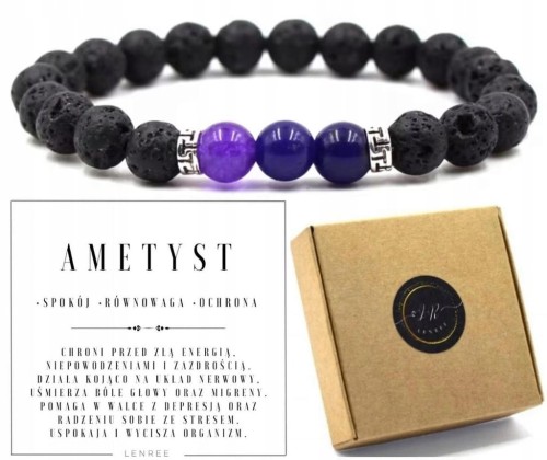 Bransoletka ametyst lawa wulkaniczna naturalne kamienie unisex LENREE