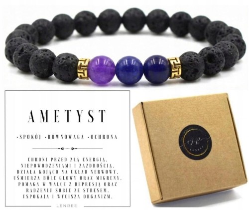 Bransoletka ametyst lawa wulkaniczna naturalne kamienie unisex LENREE
