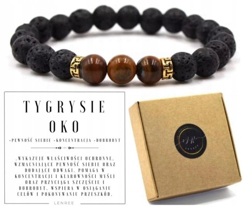 Bransoletka z kamieni naturalnych tygrysie oko lawa wulkaniczna LENREE