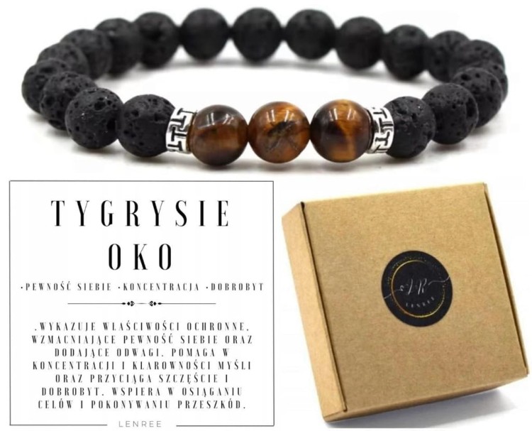 Bransoletka z kamieni naturalnych tygrysie oko lawa wulkaniczna LENREE