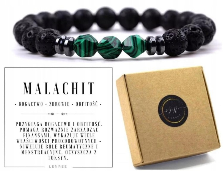 Bransoletka Malachit Fasetowany Lawa Wulkaniczna Hematyt Unisex LENREE