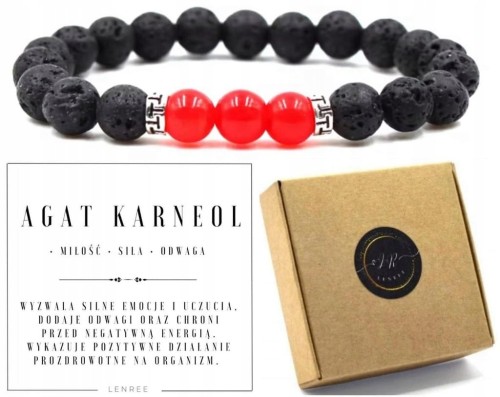Bransoletka Agat Karneol Lawa Wulkaniczna 8mm Unisex Siła Odwaga LENREE