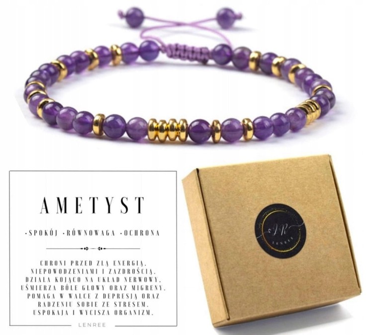 Bransoletka ametyst naturalny regulowana złoto spokój prezent