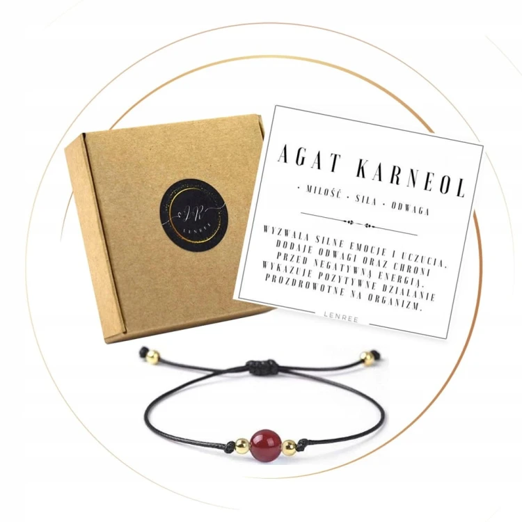 BRANSOLETKA DAMSKA NA SZNURKU AGAT KARNEOL KAMIENIE NATURALNE REGULOWANA