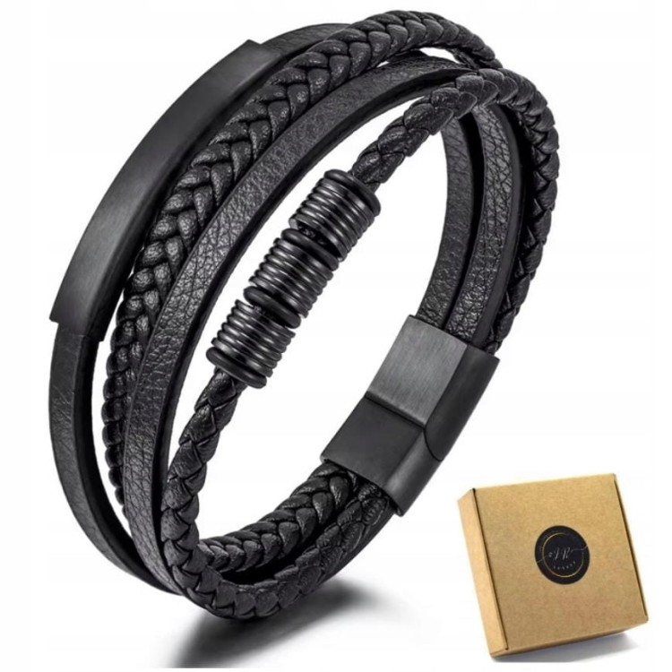 Bransoletka Męska Skórzana Pleciona Czarna Wielowarstwowa Magnetyczna LENRE