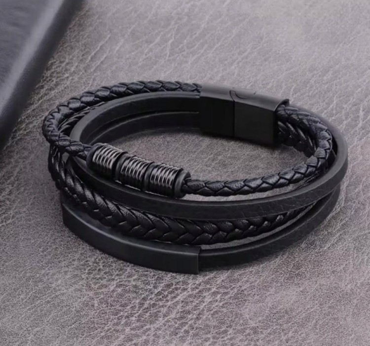 Bransoletka Męska Skórzana Pleciona Czarna Wielowarstwowa Magnetyczna LENRE