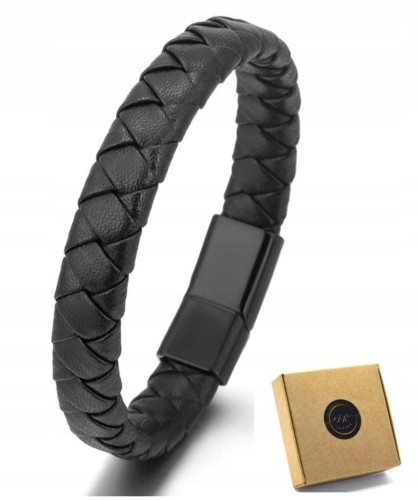 Bransoletka Męska Skórzana Pleciona Czarna Magnetyczna LENREE