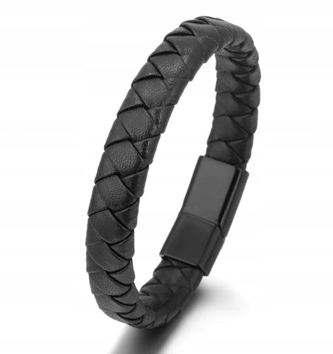Bransoletka Męska Skórzana Pleciona Czarna Magnetyczna LENREE