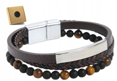 Bransoletka Męska Skórzana Potrójna Tygrysie Oko Srebrna Magnetyczna LENREE