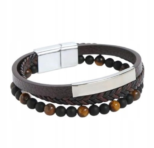 Bransoletka Męska Skórzana Potrójna Tygrysie Oko Srebrna Magnetyczna LENREE