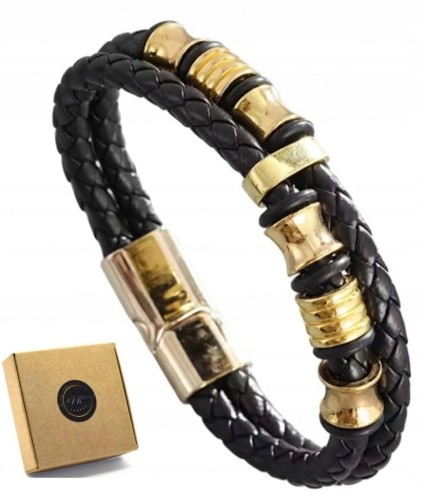 Bransoletka Skórzana Męska Czarna Magnetyczna Złote Elementy LENREE