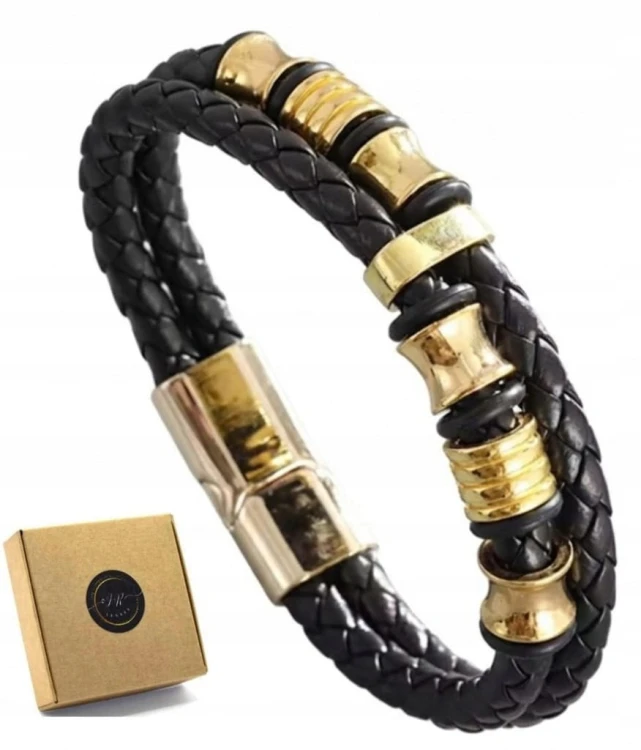 Bransoletka Skórzana Męska Czarna Magnetyczna Złote Elementy LENREE