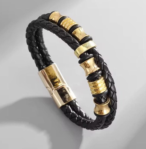 Bransoletka Skórzana Męska Czarna Magnetyczna Złote Elementy LENREE