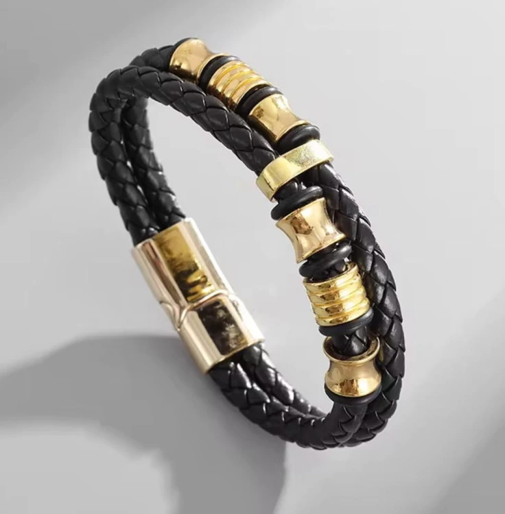Bransoletka Skórzana Męska Czarna Magnetyczna Złote Elementy LENREE