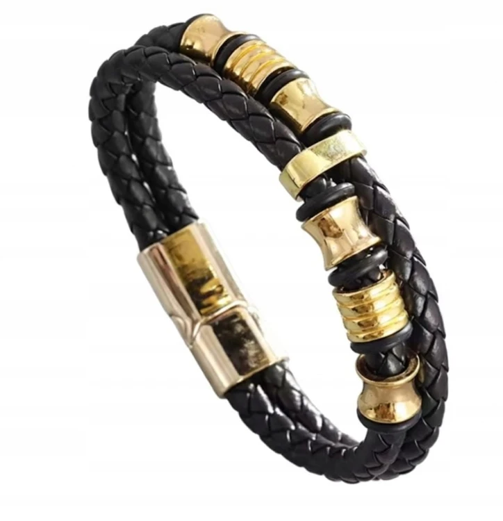 Bransoletka Skórzana Męska Czarna Magnetyczna Złote Elementy LENREE