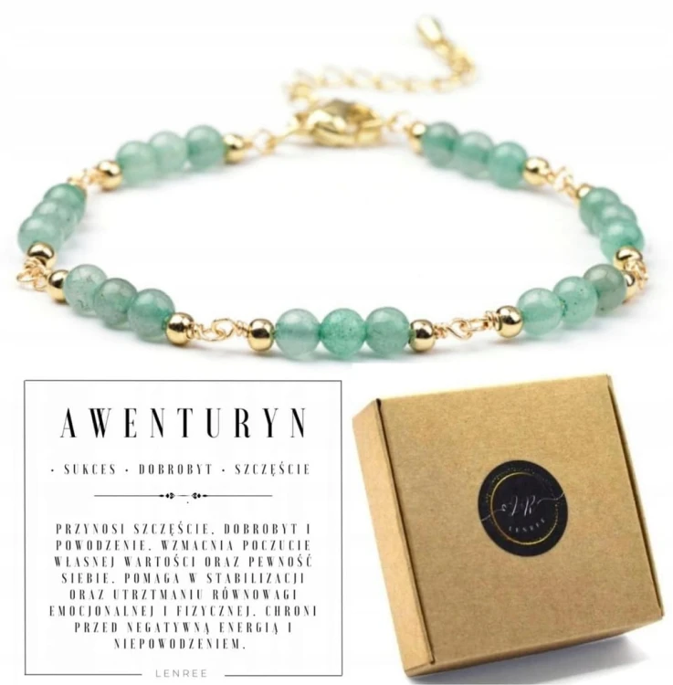 Bransoletka Damska AWENTURYN Naturalne Kamienie Zielona Elegancka LENREE