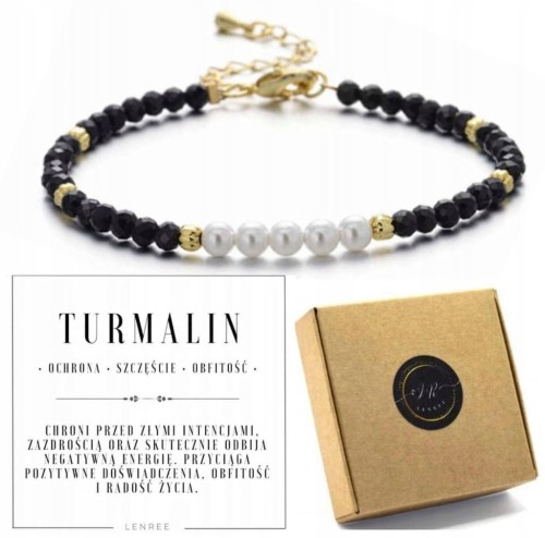 Bransoletka Damska TURMALIN Czarny Perły Naturalne Elegancka LENREE