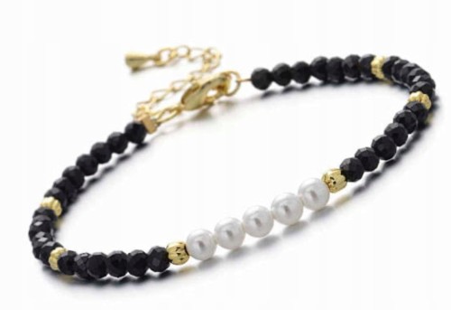 Bransoletka Damska TURMALIN Czarny Perły Naturalne Elegancka LENREE