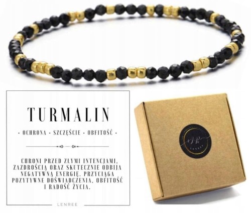 Bransoletka TURMALIN Czarny Kamienie Naturalne Złote Koraliki Unisex LENREE